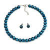 10mm Teal Glass Bead Choker Necklace & Stud Earrings Set - 37cm L/ 5cm Ext