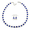 Sapphire Blue Glass Bead, White Glass Faux Pearl Neckalce & Drop Earrings Set with Silver Tone Clasp - 40cm L/ 4cm Ext