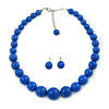 Imperial Blue Acrylic Bead Choker Style Necklace And Stud Earring Set In Silver Tone - 38cm L/ 5cm Ext