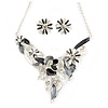 Matt Pastel Grey/ White Enamel, Clear Crystal Floral Necklace and Stud Earrings In Light Silver Tone - 45cm L/ 7cm Ext