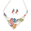 Matt Pastel Multicoloured Enamel Leaf Necklace and Stud Earrings Set In Light Silver Tone - 44cm L/ 7cm Ext