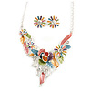 Matt Pastel Multicoloured Enamel, Clear Crystal Floral Necklace and Stud Earrings In Light Silver Tone - 45cm L/ 7cm Ext