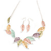 Matt Pastel Multicoloured Enamel Leaf Necklace and Drop Earrings Set In Light Silver Tone Metal - 45cm L/ 7cm Ext