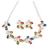 Matt Pastel Enamel, Faux Pearl, Clear Crystal Floral Necklace and Stud Earrings Set In Light Silver Tone Metal - 45cm L/ 7cm Ext