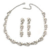 Classic Bridal Simulated Pearl/ Crystal Necklace & Drop Earring Set In Silver Metal - 44cm L/5cm Ext