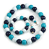 Dark Blue/ Turquoise/ White Wood Flex Necklace, Bracelet and Drop Earrings Set - 46cm L