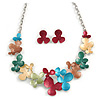 Romantic Multicoloured Matt Enamel Floral Necklace & Stud Earrings In Rhodium Plated Metal - 46cm L/ 6cm Ext