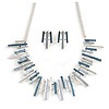 Pastel Metallic Silver/ Grey/ Blue Matt Enamel Abstract Bar Necklace & Stud Earrings In Silver Tone Metal - 43cm L/ 6cm Ext