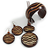 Long Brown Cord Wooden Pendant with Wavy Motif, Drop Earrings and Cuff Bangle Set in Brown - 76cm L/ Medium Size Bangle