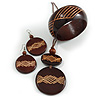 Long Brown Cord Wooden Pendant with Geometric Motif, Drop Earrings and Bangle Set in Brown - 76cm L/ Medium Size Bangle