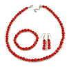 Red Glass/ Ceramic Bead with Silver Tone Spacers Necklace/ Earrings/ Bracelet Set - 48cm L/ 7cm Ext