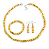 Yellow Glass/ Ceramic Bead with Silver Tone Spacers Necklace/ Earrings/ Bracelet Set - 48cm L/ 7cm Ext