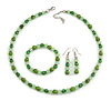 Grass Green/ Pea Green Glass/ Ceramic Bead with Silver Tone Spacers Necklace/ Earrings/ Bracelet Set - 48cm L/ 7cm Ext