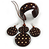 Long Brown Cord Wooden Pendant with Dotted Motif, Drop Earrings and Cuff Bangle Set in Brown - 76cm L/ Medium Size Bangle