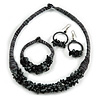 Ethnic Handmade Semiprecious Stone with Cotton Cord Necklace, Bracelet and Hoop Earrings Set In Black/ Grey - 56cm L