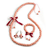 Pastel Pink Wooden Bead with Bow Long Necklace, Bracelet and Drop Earrings Set - 80cm Long