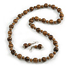 Long Wood Bead Necklace and Earring Set with Animal Print in Brown/ 80cm L