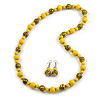 Long Wood Bead Necklace and Earring Set with Animal Print in Yellow Colour/ 80cm L