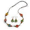 Multicoloured Ceramic Flower Bead Brown Cord Necklace and Drop Earrings Set/48cm L/Slight Variation In Colour/Natural Irregularities