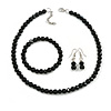 8mm/Glass Bead and Faux Pearl Necklace/Flex Bracelet/Drop Earrings Set in Black - 43cmL/4cm Ext