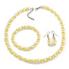 8mm/Lemon Yellow Glass Bead and White Faux Pearl Necklace/Flex Bracelet/Drop Earrings Set - 43cmL/4cm Ext