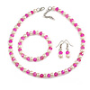 8mm/Fuchsia Glass Bead and White Faux Pearl Necklace/Flex Bracelet/Drop Earrings Set - 43cmL/4cm Ext