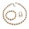 8mm/Plum Purple Glass Bead and Cream Faux Pearl Necklace/Flex Bracelet/Drop Earrings Set - 43cm L/4cm Ext