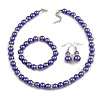 Purple Glass Bead Necklace/Flex Bracelet/Drop Earrings Set With Diamante Rings - 38cm L/ 6cm Ext