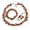 Bronze Glass/Taupe Coloured Shell Necklace/ Flex Bracelet (Size M) / Drop Earrings Set - 40cm L/5cm Ext