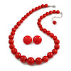 Hot Red Acrylic Bead Necklace And Dome Shape Stud Earrings Set - 48cm L/6cm Ext