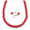 Red Glass Bead Necklace and Drop Earring Set In Silver Metal/ 8mm/ 40cm L/ 4cm Ext