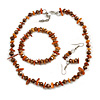 Brown Glass/Caramel Shell Necklace/ Flex Bracelet (Size M) / Drop Earrings Set - 40cm L/5cm Ext