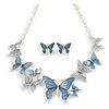 Blue/Grey Enamel Butterfly Necklace and Stud Earrings Set in Silver Tone - 44cm L/6cm Ext