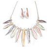 Pastel Enamel Moden Graduated Leaf Necklace and Stud Earrings Set in Silver Tone/Multicoloured - 38cm L/6cm Ext