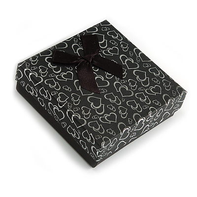 Black/Silver with Silk Bow Heart Motif Card Pendant/Necklace/Brooch/Earring/Set Box - main view