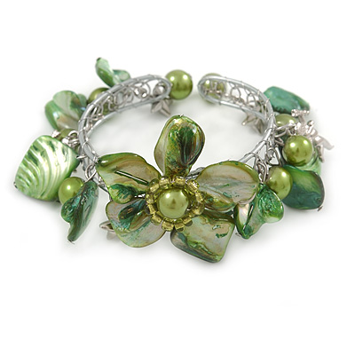 Green Sea Shell, Faux Pearl Bead Floral Cuff Bracelet In Silver Tone - Adjustable - main view