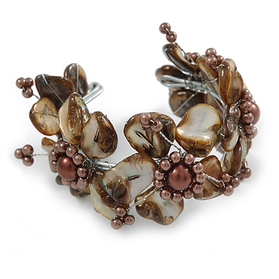 Taupe/ Brown Floral Sea Shell & Simulated Pearl Cuff Bracelet (Silver Tone) - Adjustable