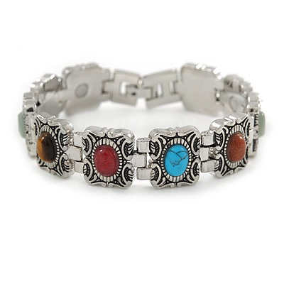 Vintage Inspired Multicoloured Semiprecious Stones Ladies Magnetic Bracelet - 17cm L (Medium)