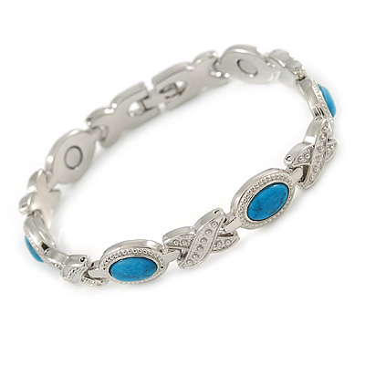 Plated Alloy Metal Turquoise Stone and Cross Motif Ladies Magnetic Bracelet - 17cm Long