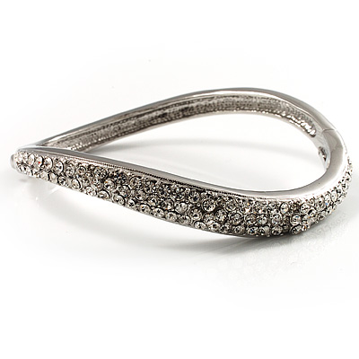 Rhodium Plated Curved Swarovski Crystal Bangle Bracelet - Up to 17cm (For Smaller Wrists)