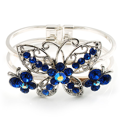 Swarovski Crystal Butterfly Hinged Bangle Bracelet (Silver&Blue) - main view
