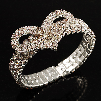 Dazzling Swarovski Crystal Heart Flex Bangle Bracelet (Silver Tone) - main view