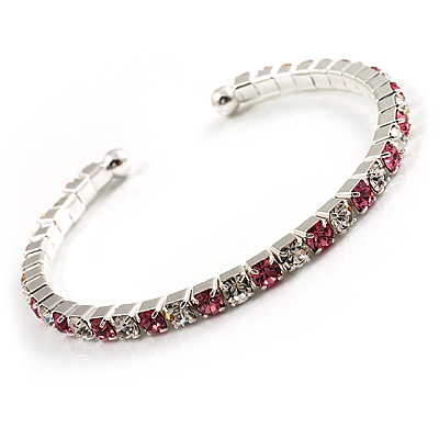 Clear&Pink Crystal Thin Flex Bangle Bracelet (Silver Tone) - main view