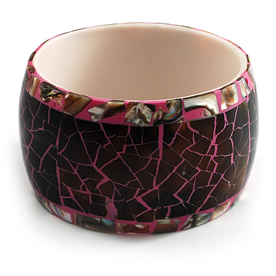 Chunky Wide Shell Bangle (Brown Grey & Bright Pink)
