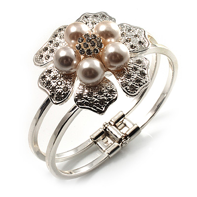Bridal Imitation Pearl Floral Hinged Bangle Bracelet (Silver Tone) - main view