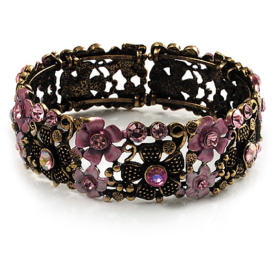 Victorian Pink Crystal Floral Flex Cuff Bangle (Bronze Tone)