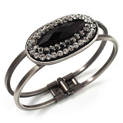 Vintage Black Oval Diamante Hinged Bangle Bracelet (Antique Silver Tone)