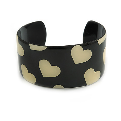 Black & Cream Metal Heart Cuff Bangle - up to 19cm length - main view