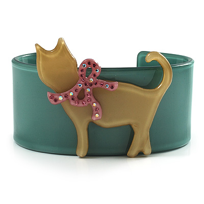 Kitty With Crystal Bow Teal Plastic Cuff Bangle - main view