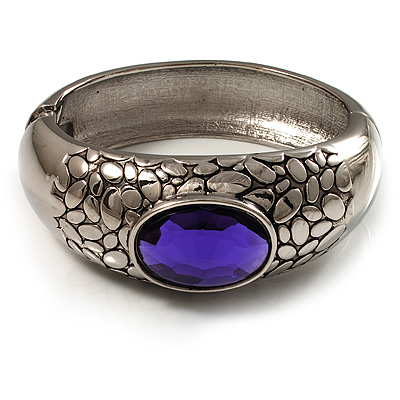 Rhodium Plated Purple Oval Glass Hinged Bangle - 18cm Length
